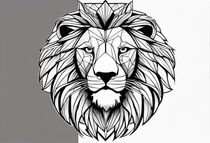 A geometric design with a lion head and a mountain. The tattoo is a full sleeve tattoo idea