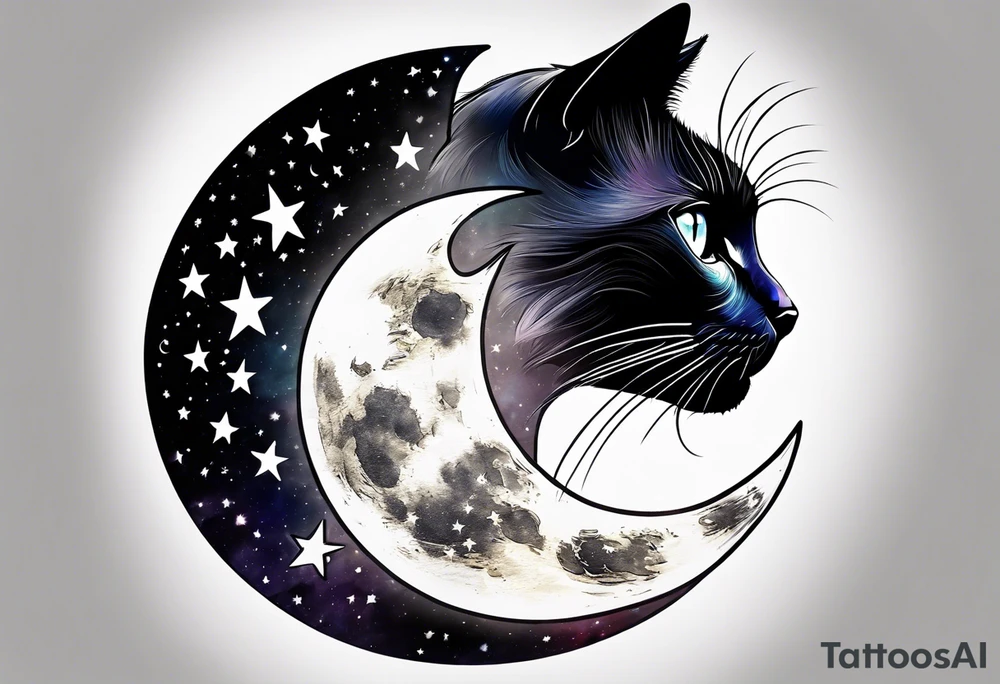 Photo realistic black cat head with moon and stars tattoo idea