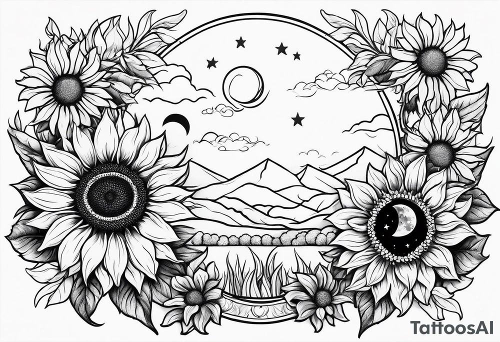 Sunflowers sun and moon tattoo idea