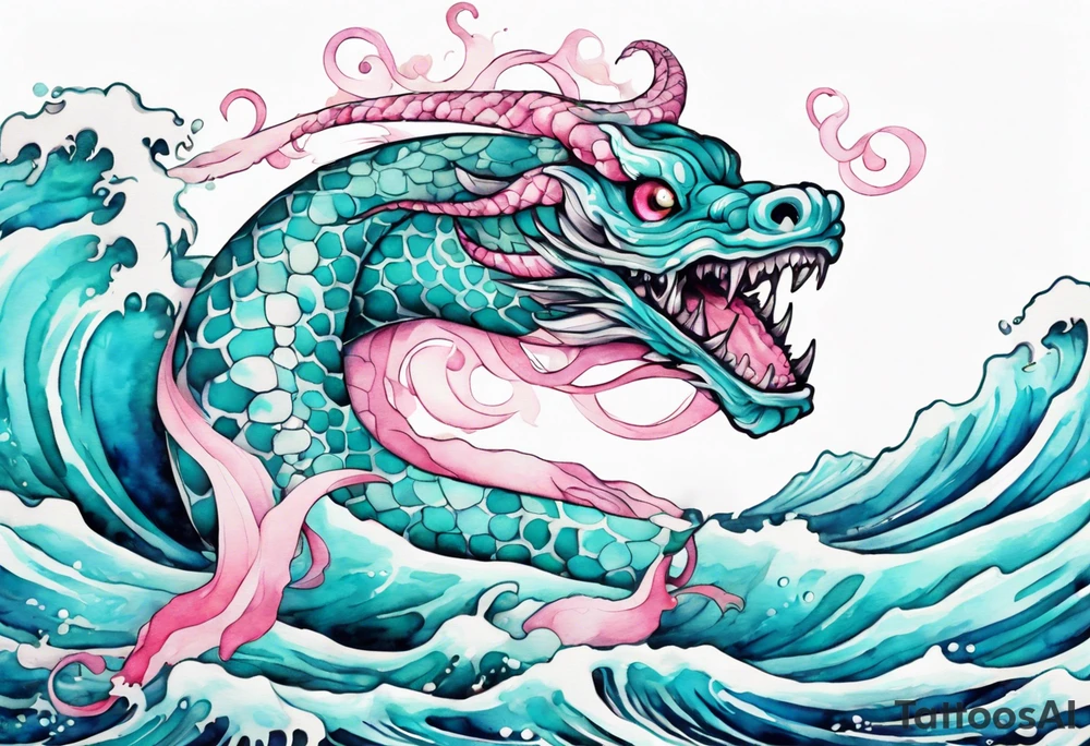 a turquoise and white and pink pretty sea serpent with beautiful eyes rising from the blue waves of the ocean tattoo idea