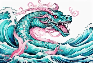 a turquoise and white and pink pretty sea serpent with beautiful eyes rising from the blue waves of the ocean tattoo idea