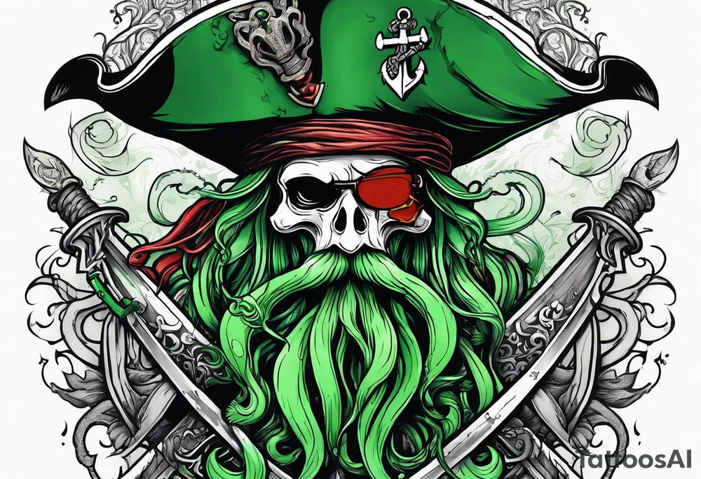 green pirate squid with tentacles holding bloody sword and anchor, black hat, beard tattoo idea