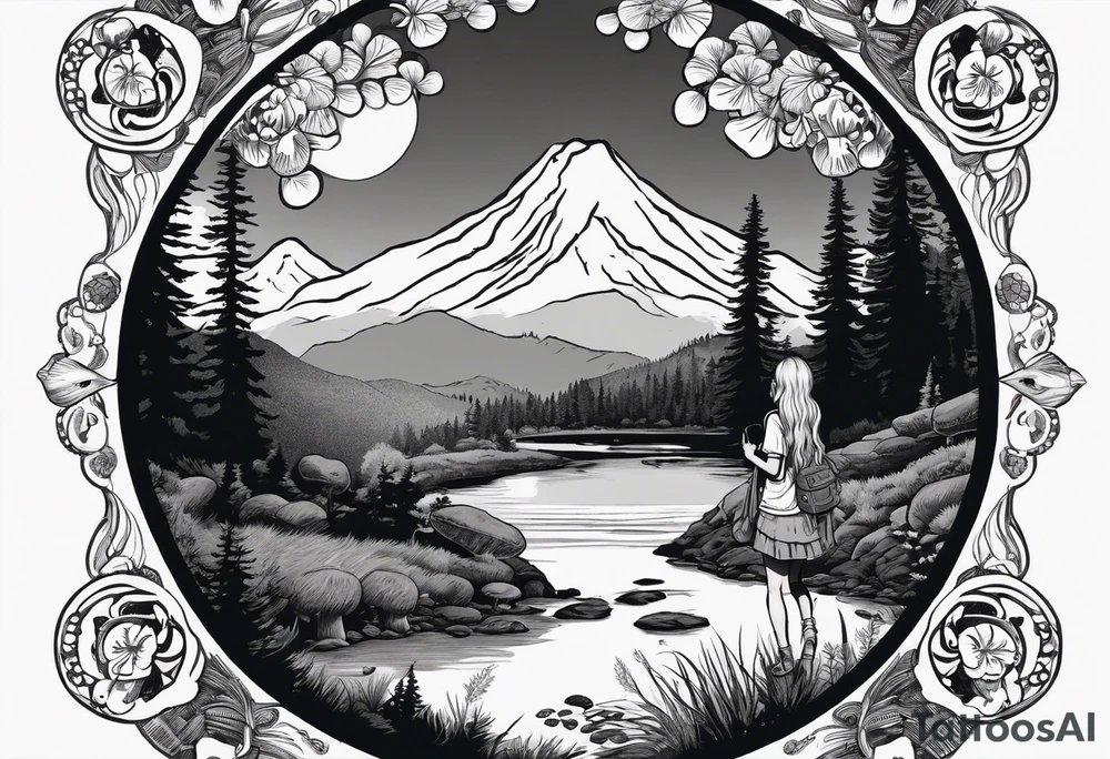 Whole picture encircled fully

Straight long blonde hair hippie girl in distance holding mushrooms in hand facing away toward mountains and creek surrounded by mushrooms tee shirt and hiking pants; whole rendering within a full circle, no cut off circle tattoo idea