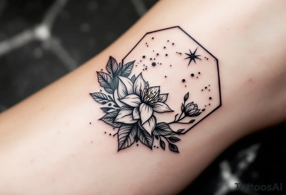 Hexagon with larkspur, water Lilly and Leo constellation tattoo idea