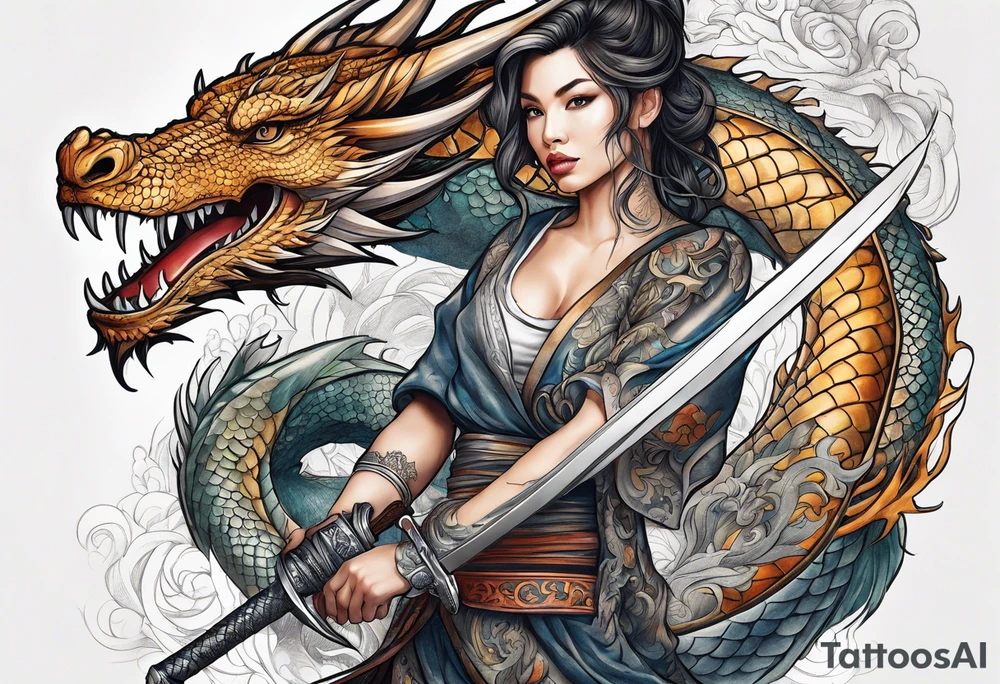 Women holding a sword powerful beauty a dragon behind her fiercely tattoo idea