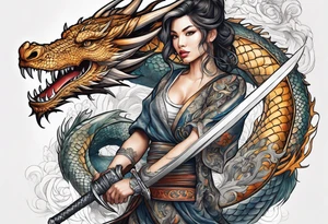 Women holding a sword powerful beauty a dragon behind her fiercely tattoo idea