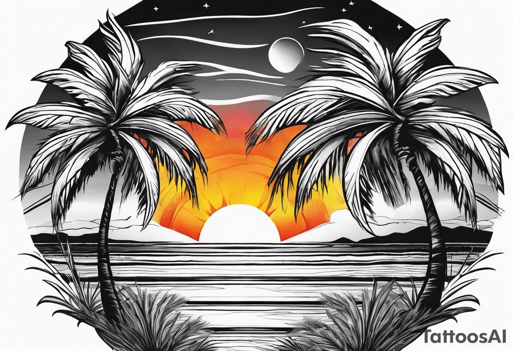 Circle: Sunset on beach palm trees tattoo idea