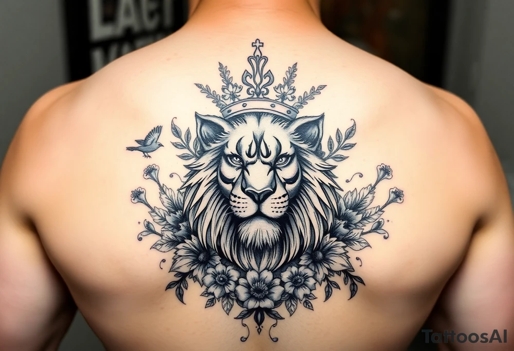 powerful majestic lion with a crown, surrounded by floral ornaments and birds tattoo idea