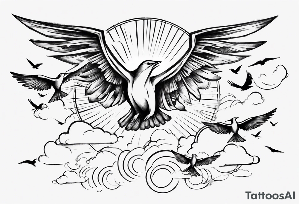 a shoulder tattoo with rays of light, clouds and birds flying free tattoo idea