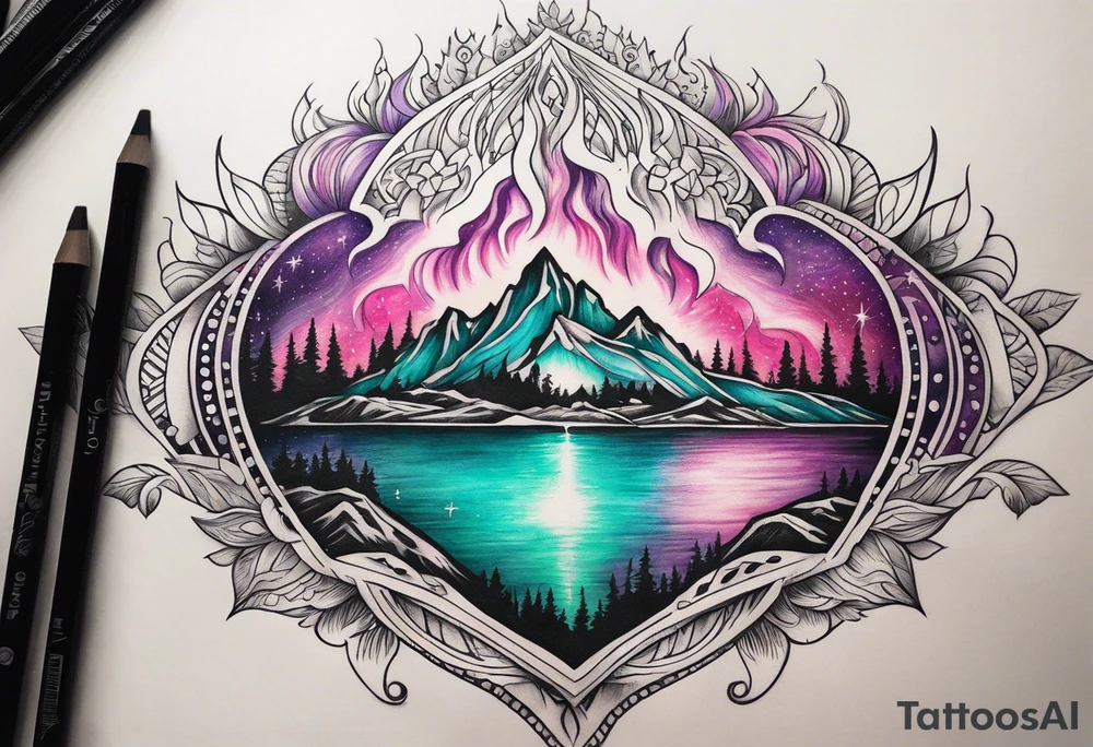 Pink purple teal Bonfire flames turning into northern lights and stars tattoo idea
