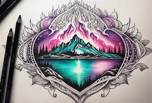 Pink purple teal Bonfire flames turning into northern lights and stars tattoo idea
