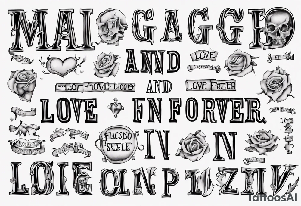 The words Maggie and Lucas and Love and Forever in a crossword puzzle tattoo idea