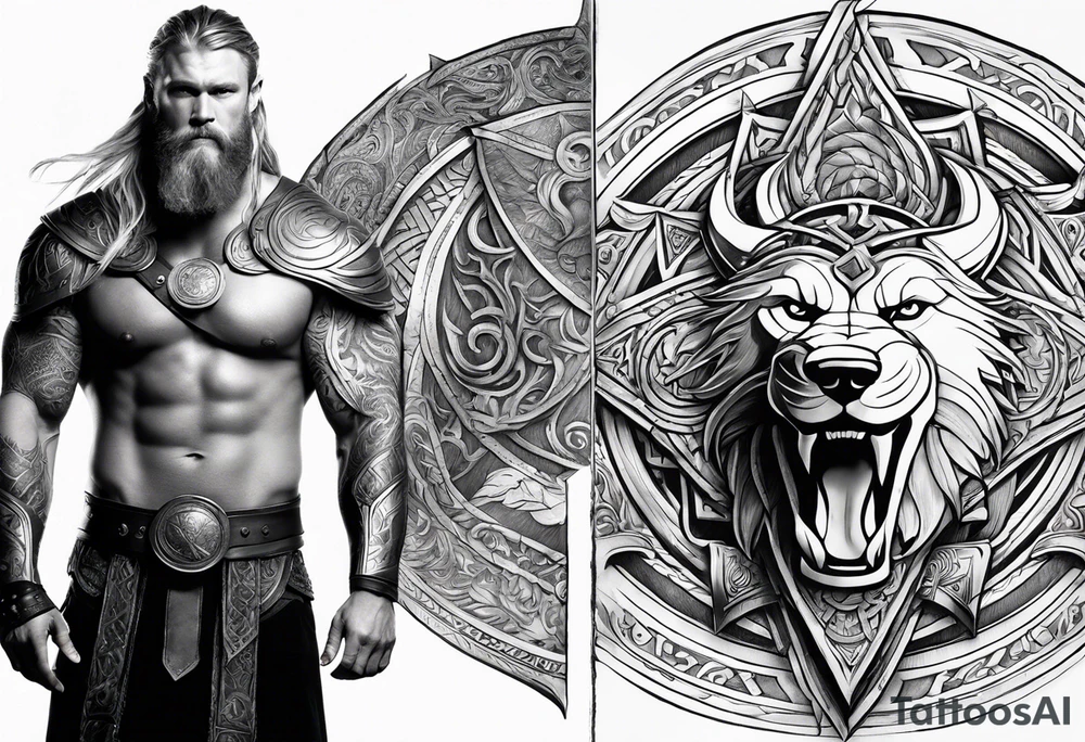 Full sleeve and pectoral tattoo showing the epic battle of ragnarok. It should include a scene between Thor, the god of thunder versus Jörmungandr the serpent as well as Odin all father and Fenrir the wolf. Place a Viking compass in the middle of the pectoral tattoo idea