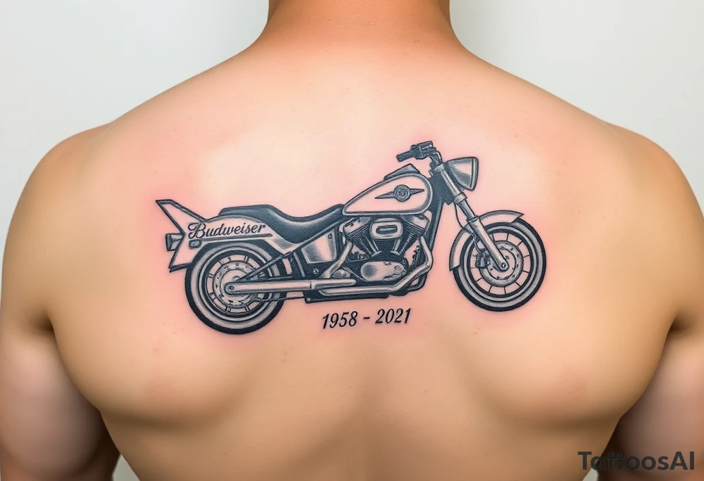 Dale Earnhardt car on it with the year 1958 - 2021 intertwined with a motorcycle with a Budweiser logo on it tattoo idea