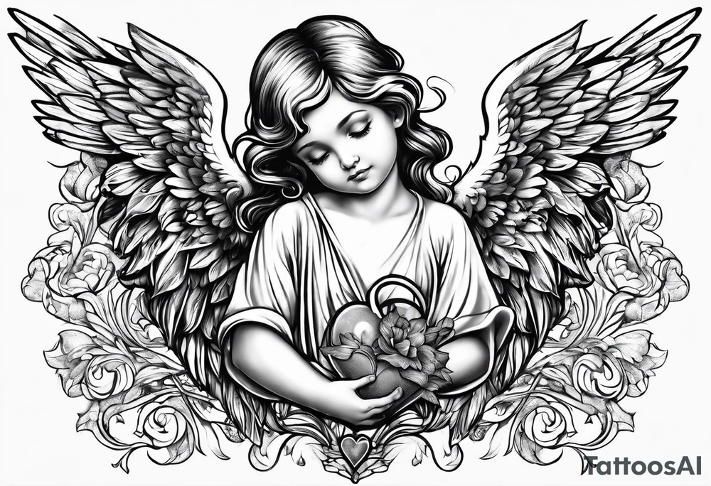 kids angel with heart on hands tattoo idea