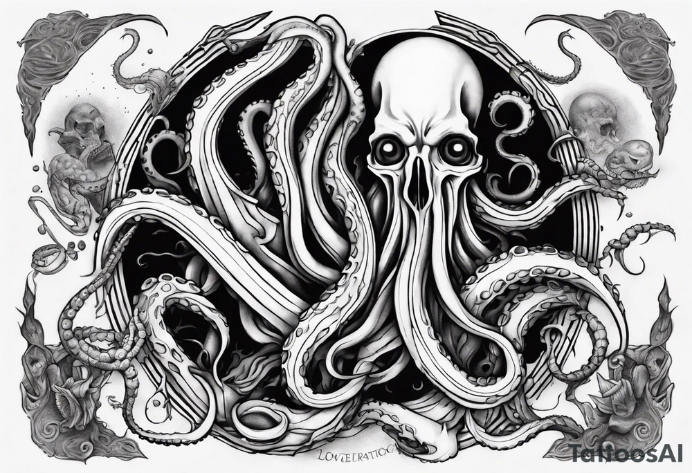 a tattoo on the theme of lovecraft, with tentacles that embrace the earth tattoo idea