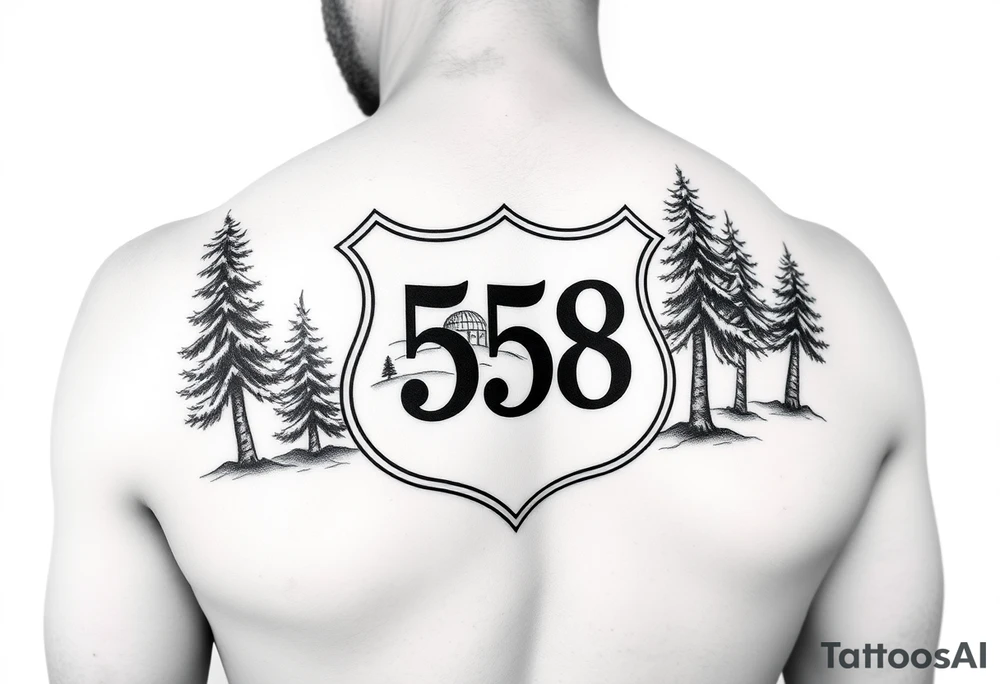 Arm sleeve State Route sign 558, with trees all around and farm in background, road w/ view tattoo idea