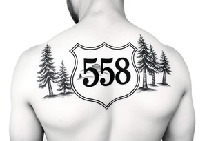 Arm sleeve State Route sign 558, with trees all around and farm in background, road w/ view tattoo idea