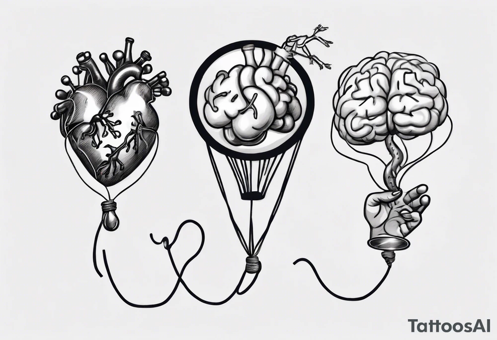 Woman's hand holding balloons tied to string, balloons in shape of anatomical heart and an anatomical brain tattoo idea