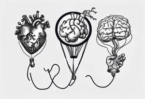 Woman's hand holding balloons tied to string, balloons in shape of anatomical heart and an anatomical brain tattoo idea