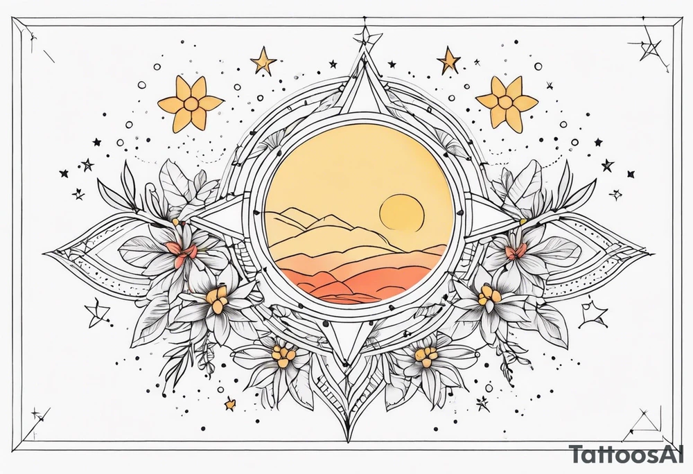 fine line with sun, stars, floral, dots. Sternum tattoo tattoo idea
