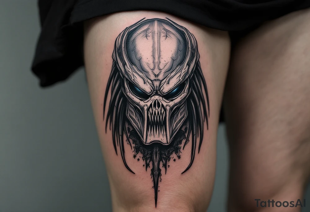 Ghost Predator – A stealth-based hunter with muted gray-blue camouflage skin, almost no armor, and a skull-like bio-mask designed to terrify prey. Uses silent weapons instead of plasma-based technology. tattoo idea