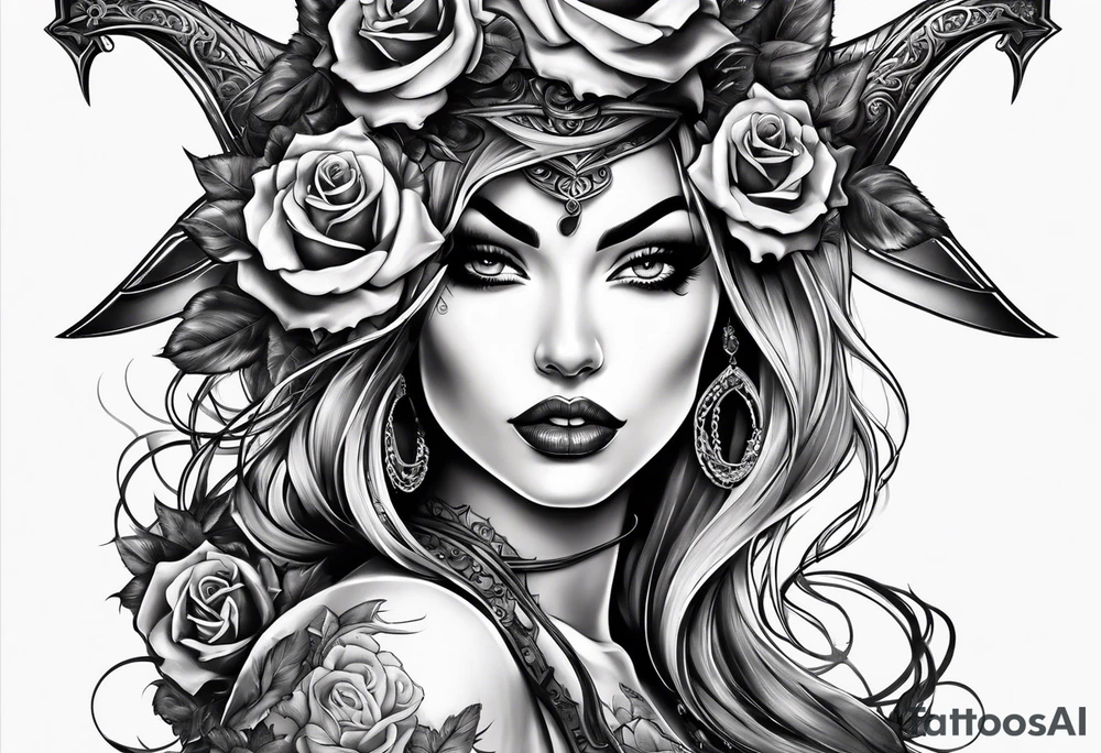 Beautiful devil lady, guns and roses intertwined tattoo idea