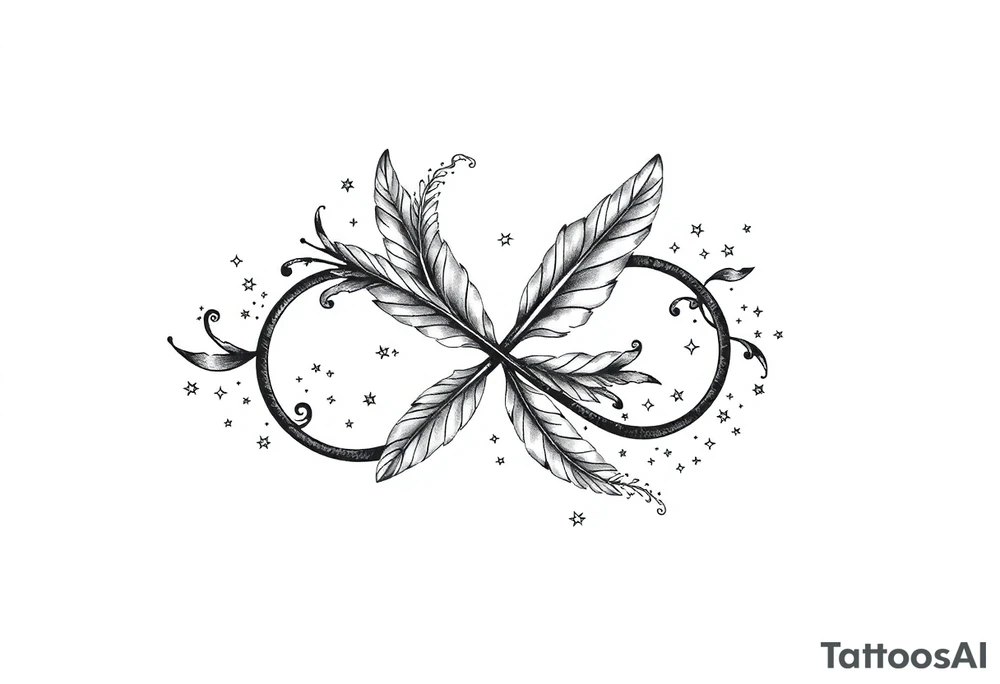 infinity symbol woven with floating feathers and stardust tattoo idea