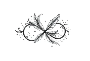 infinity symbol woven with floating feathers and stardust tattoo idea