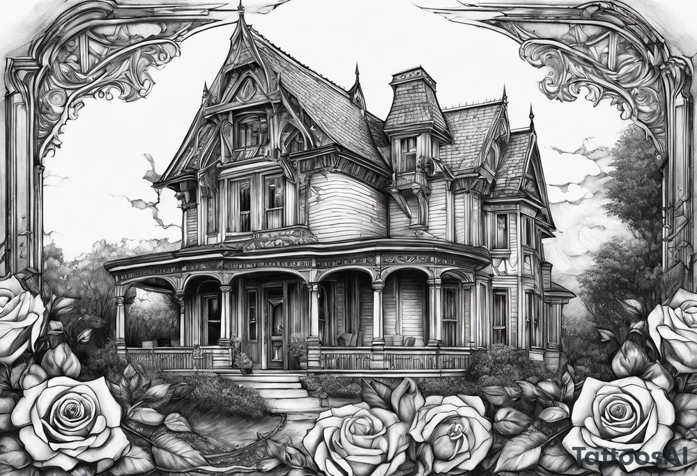 old broken gothic home, broken sword, roses tattoo idea