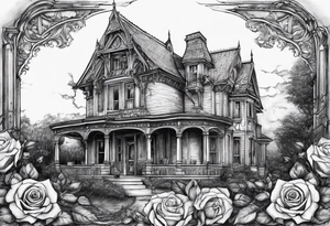 old broken gothic home, broken sword, roses tattoo idea