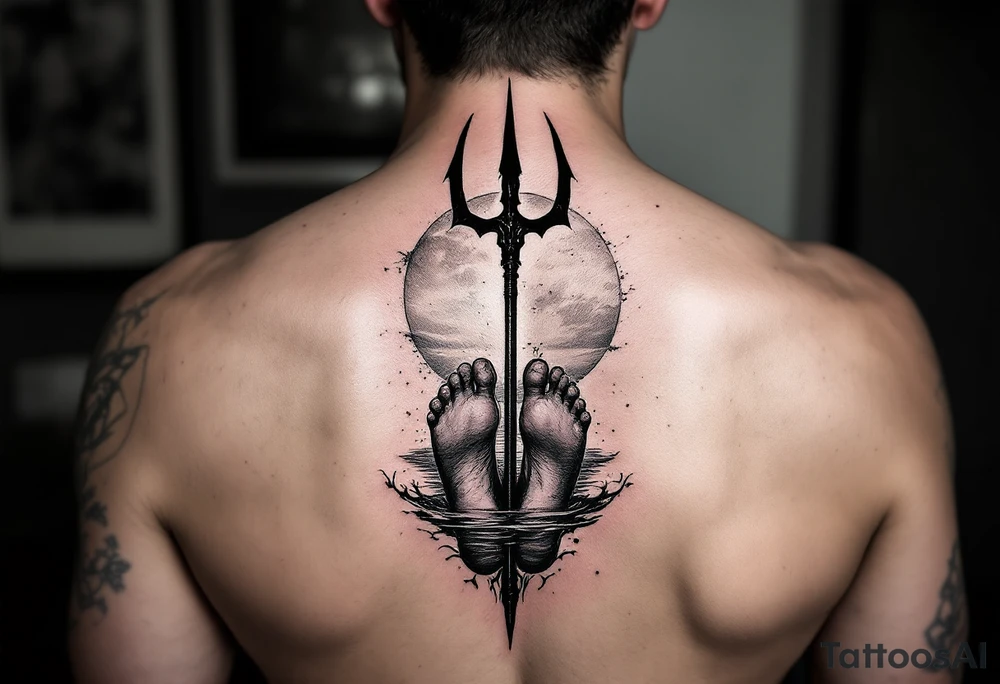 barefeet behind trident with water and sunset tattoo idea