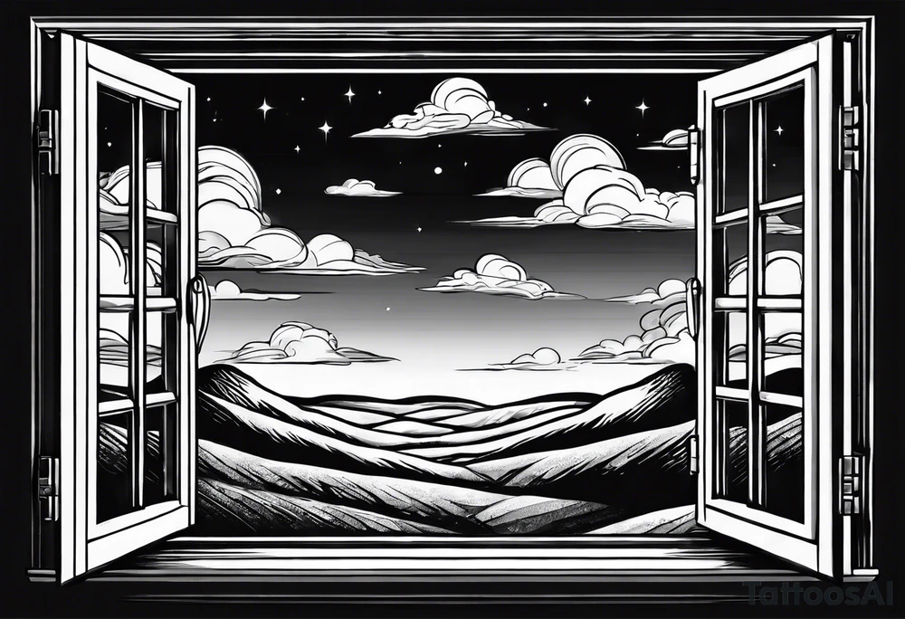 black and white hand drawn drawing showing an open window. In the background of the window there is nothing else, only vastness and clouds. tattoo idea