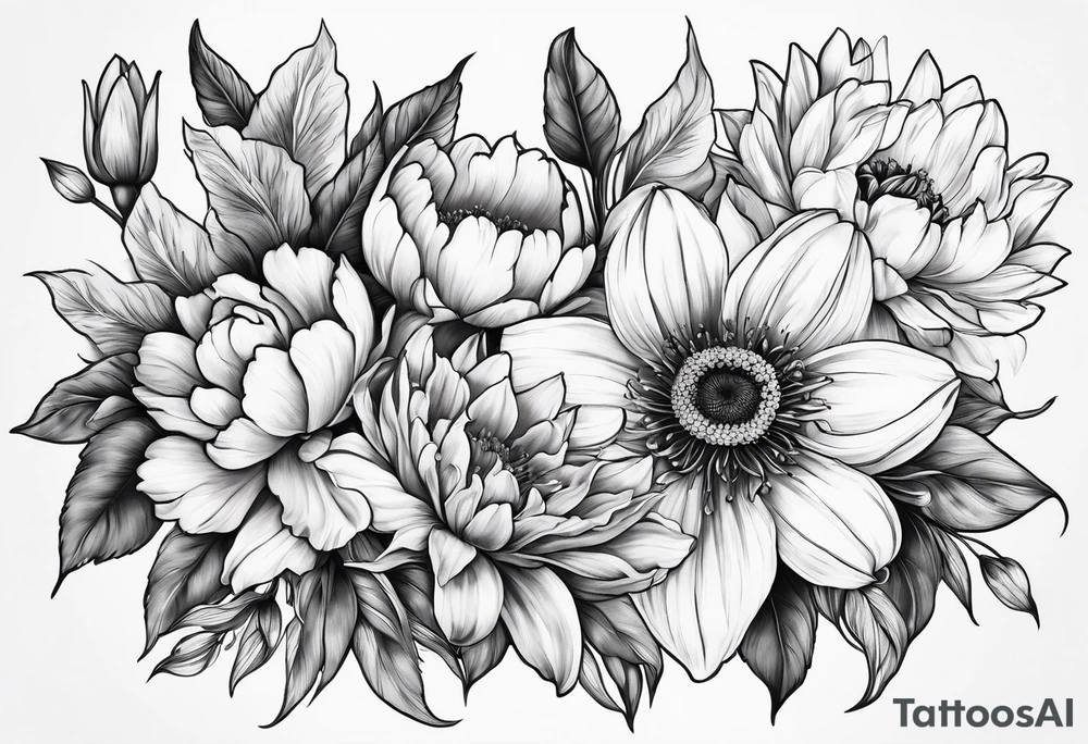 cherry blossom, peony, sunflower, tulip, lily bouquet tattoo idea