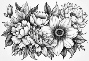 cherry blossom, peony, sunflower, tulip, lily bouquet tattoo idea