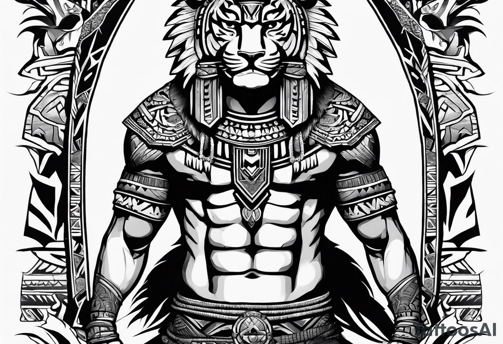Aztec warrior full body with aztec symbols in the back ground and a tiger pelt on the warriors head tattoo idea