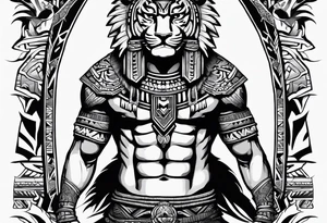 Aztec warrior full body with aztec symbols in the back ground and a tiger pelt on the warriors head tattoo idea