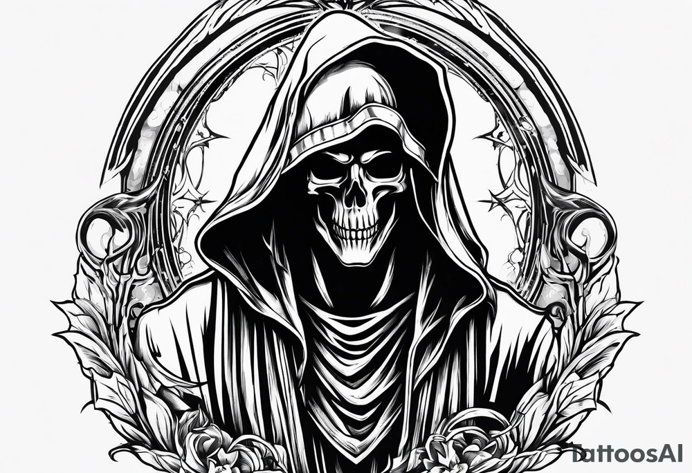 grim reaper with his hood off and a halo above his head tattoo idea