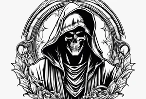 grim reaper with his hood off and a halo above his head tattoo idea