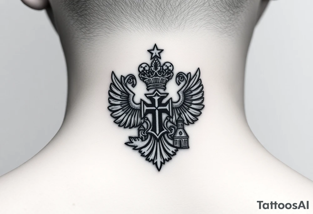 russian coat arms in a russian christian orthodox cross with the cross in the middle with a virgin mary & orthodox dome church on the side of the neck tattoo idea