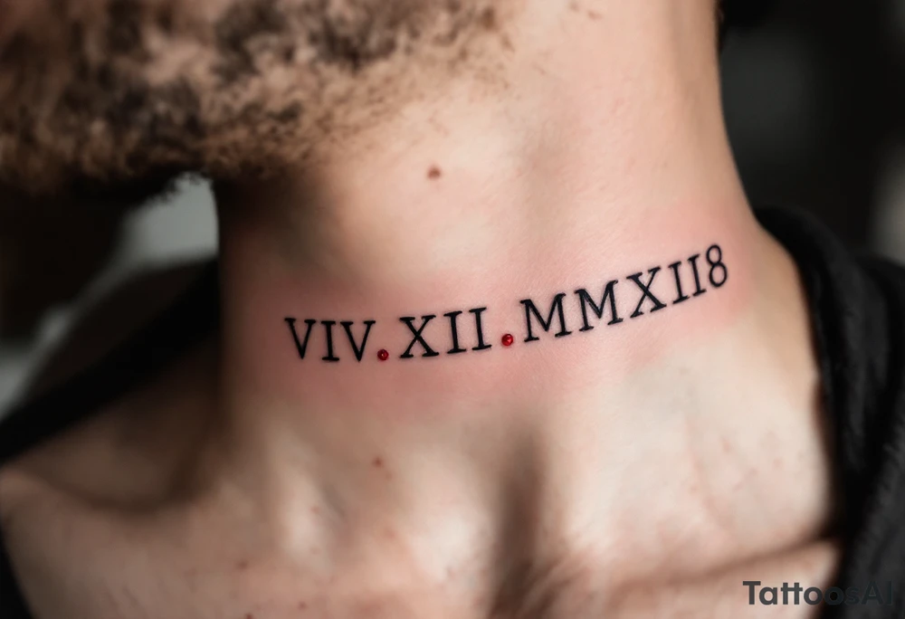 VIII.XII.MMXVIII in thick black font circling the neck like a collar, with small ruby red dots separating the numerals. tattoo idea