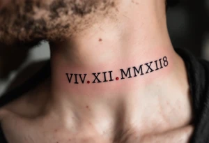 VIII.XII.MMXVIII in thick black font circling the neck like a collar, with small ruby red dots separating the numerals. tattoo idea