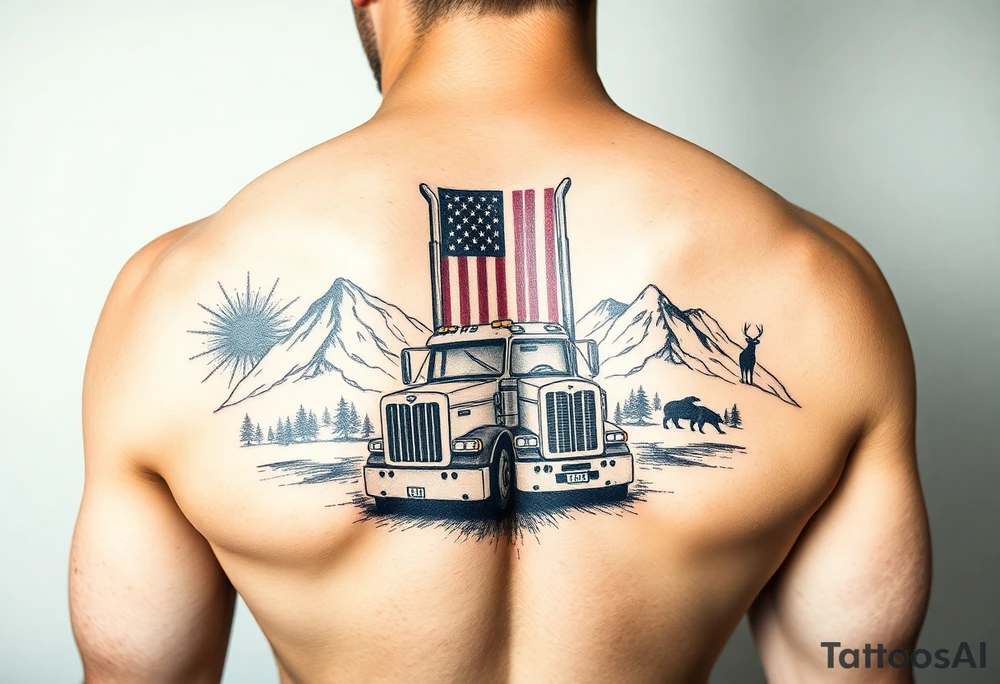 Masculin, American flag, country, mountains, wildlife, nature, racing , father of 4 trucks blue collar tattoo idea