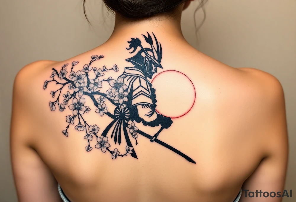 noble samurai warrior silhouette at sunset with cherry blossoms tattoo idea