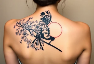 noble samurai warrior silhouette at sunset with cherry blossoms tattoo idea