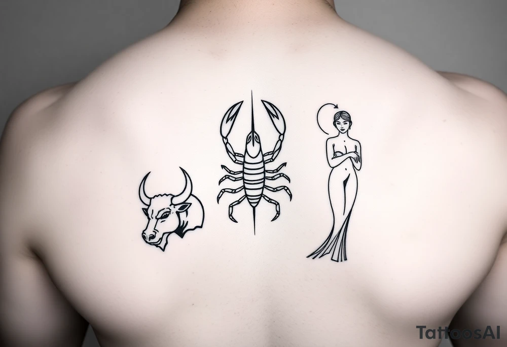 Minimalist tattoo design, featuring three distinct figures: a powerful bull, a stylized scorpion, and a graceful maiden (Virgo), fine line art style, black ink, white background, clean contours, no shading, elegant composition, sophisticated masculine aesthetic, high contrast geometric tattoo idea