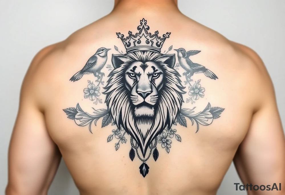 powerful majestic lion with a crown, surrounded by floral ornaments and birds tattoo idea