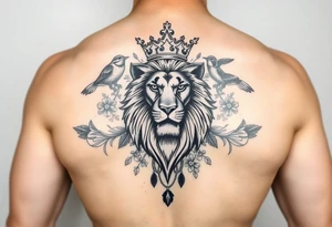 powerful majestic lion with a crown, surrounded by floral ornaments and birds tattoo idea