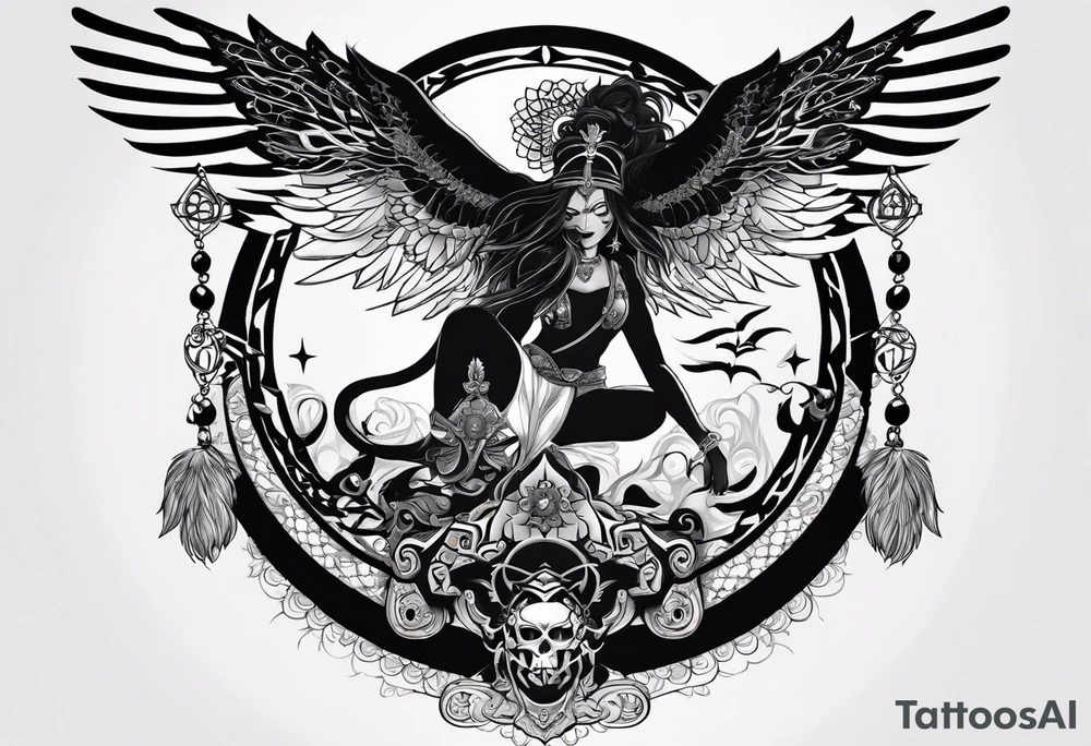 black kali, goddess pirate, alien, angel, pachamama, valkrye, warrior, flying, skull, lotus azul, wing, eagle, zenza resonance, stars, 5D, anahata chakra, death, durga, riding on a tiger, flying lady tattoo idea