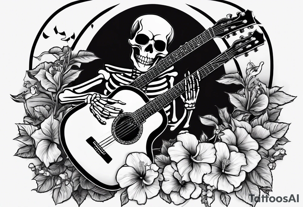 a female skeleton holding a hibiscus flower and a male skeleton playing a guitar. The scene should capture a moment of connection between the two, with the female skeleton attentively listening to the music played by the male skeleton. tattoo idea